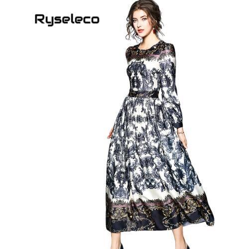 New Europe Quality Runway Prints Long Lantern Sleeve Women Fashion Long Dresses Vintage Elegant Large Swing Maxi Party Vestidos