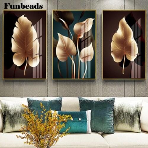 3 pcs Diamond Embroidery Golden leaves 5D DIY Diamond Painting Diamond Mosaic needlework 3d picture rhinestone living room FF296