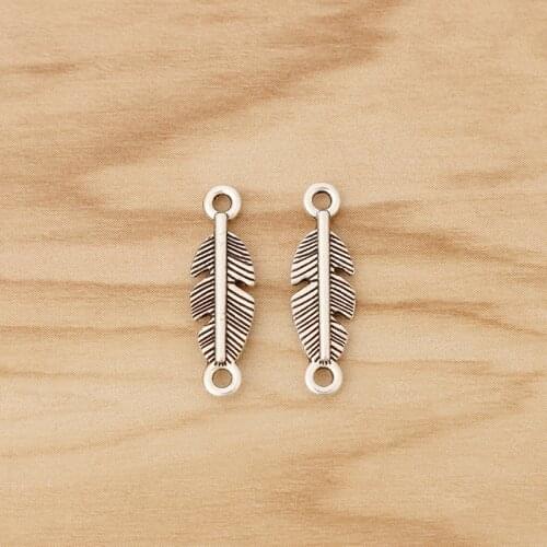30 Pieces Tibetan Silver Tone Feather Connector Charms for Bracelet Jewellery Making Accessories
