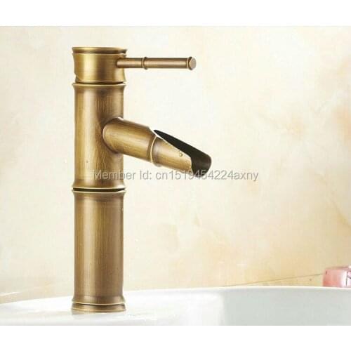 Free Shipping 8" Bamboo Shape Single Handle Antique Brass Bathroom Bain Sink Faucet Waterfall Spout Vanity Mixer Tap GI34