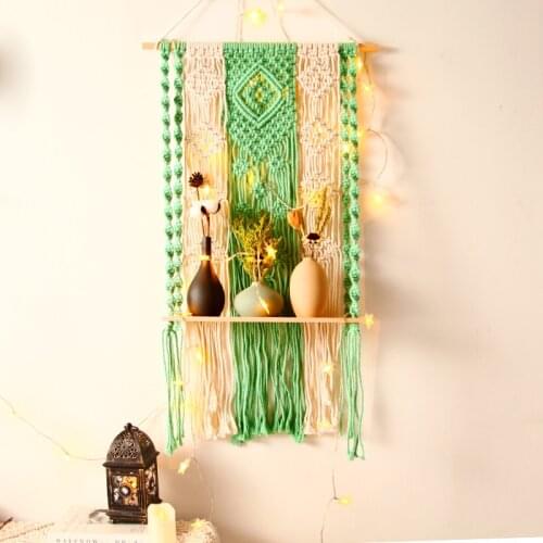 Large Handmade Macrame Tapestry Rack Cotton Rope Wooden Shelves Hanging Wall Shelf for Home Bedroom Living Room Decoration