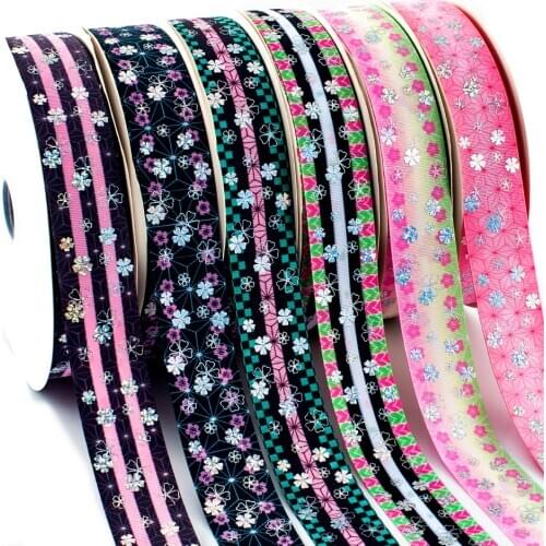 Double Face Grosgrain Ribbon Laser Silver Cherry Blossoms Flower Printed Japan Kimetsu No Yaiba 10 Yards 25mm for DIY Hair Bow