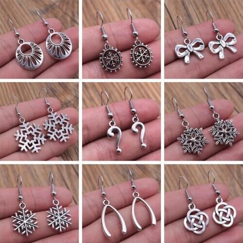 Geometric Shaped DNA Snowflake Bow Knot Infinity Dangle Earrings Vintage Antique Silver Color Earrings For Women Girl Gift