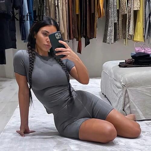 KGFIGU 2021 Spring O-Neck T-Shirts And Shorts For Women Solid Color Skinny Sporty Tracksuits Good Quality Fitness Two Pieces Set