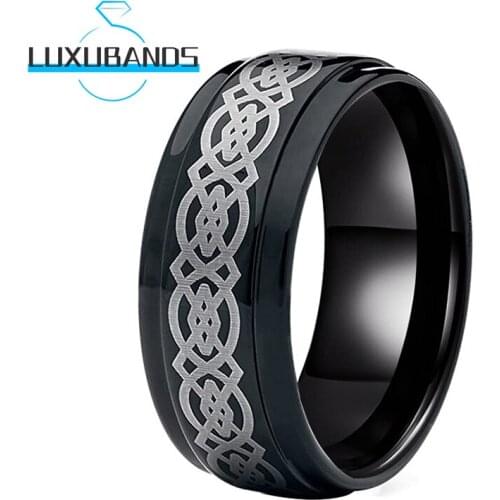 Tungsten Carbide Rings 8MM For Men Wemen Black Polished Finished Stepped Edges Laser Pattern Comfort Fit