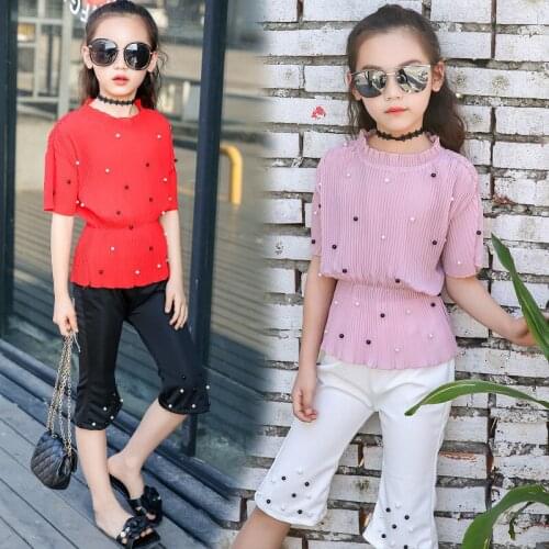 Baby Girls Pink Red Two Pieces Set Teenage Girl Birthday Party Fashion Pearl Chiffon Blouse Leggings Kids Minnie Clothing Suits