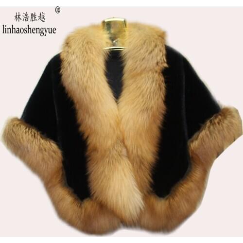 Linhaoshengyue 2020 Hot Women Mink Fur Shawl with Fox Fur Collar Sleeve Cuff