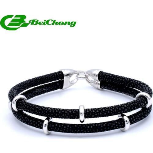 Fashion Two Layer Leather Charm Silver Stainless steel Strap Men Luxury Thailand Leather Stingray Genuine Bracelets Bangle