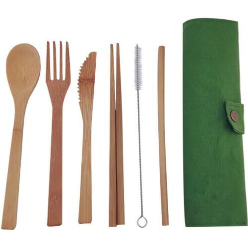7-Piece Wooden Flatware Cutlery Set Bamboo Straw Dinnerware Set With Cloth Bag Knives Fork Spoon Chopsticks Travel Wholesale