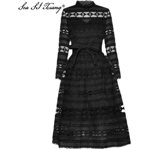 Seasixiang Fashion Designer Spring Dress Womens Long Sleeve lace-up Geometric pattern Patchwork Hollow out Vintage Dresses