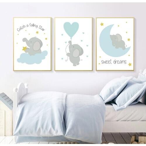 Blue Elephant Star Canvas Children Poster Print Boy Baby Nursery Wall Art Picture Painting Nordic Kids Bedroom Decoration
