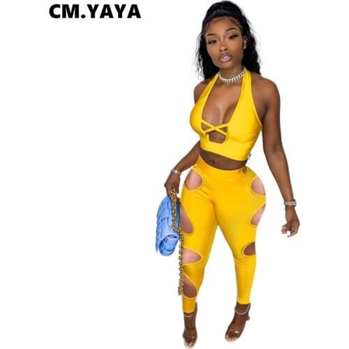 CM.YAYA Women Set Solid Halter Banckless Crop Tops Elastic Hole Pencil Long Pants 2 Two Piece Sets Summer Outfit Sweatsuit 2021