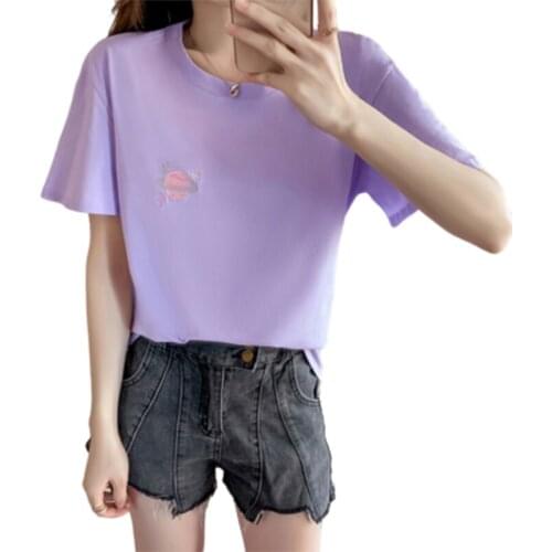 GGRIGHT Embroidery Solid Casual T-Shirt Women Summer Basic Short Sleeve Knitted Cotton Tee Shirt Women Black White Korean Tops