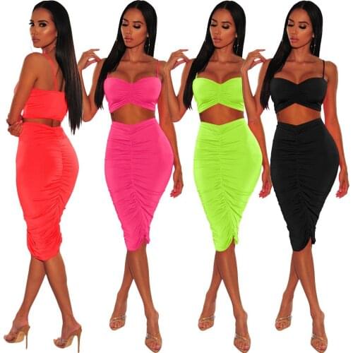 Womens Sling Sleeveless T-Shirt Skirt Suit Solid Color Tight Sexy Multicolor Pleated Two-Piece Skirt