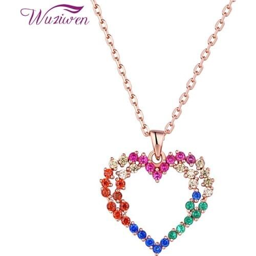 Wuziwen Colorful Crystal Heart Shape Pendant Necklace For Women 14 K Rose Gold Chain Wedding Jewelry