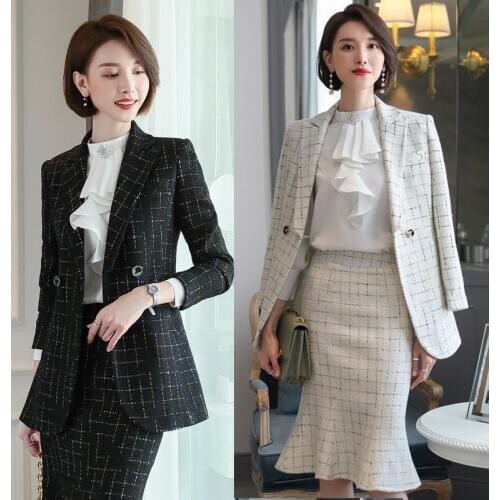 Large size womens autumn and winter new fashion high-end ladies small fragrance suit fishtail skirt OL temperament two-piece