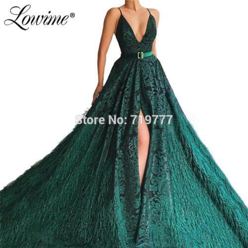 Feather Elegant Green Evening Dresses Middle East Arabic Dubai Design Long Prom Dress Robe De Soiree 2019 Sexy Party Gowns