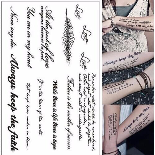 1 Sheet Temporary English Word Tattoo Stickers Black Letters Feather Body Art Tattoos Sticker Waterproof For Temporary Tattoos