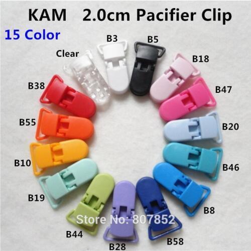15 color mixed) 60pcs 20mm D Shape Kam Baby Dummy Clips / Suspender Soother Clip for Pacifier Chain