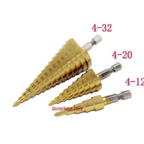 3pcs/set 4-12/4-20/4-32mm Hex Shank Electric Straight Titanium Step Drills Set Three-Piece Pagoda Bit
