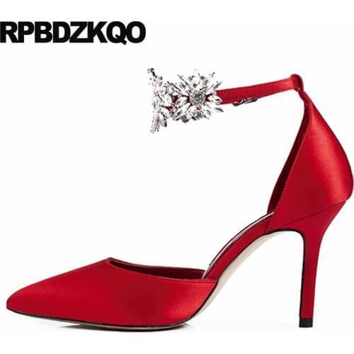 8cm ladies diamond sandals pumps red bridal satin ankle strap female crystal high heels shoes pointed toe rhinestone scarpin