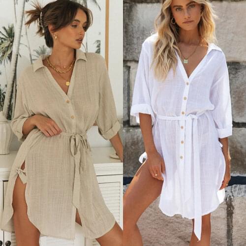 BAMBOOBOY Womens New Sexy Cotton and Linen Lace Up Long Sleeve Split Casual Work Shirt Dress FD195