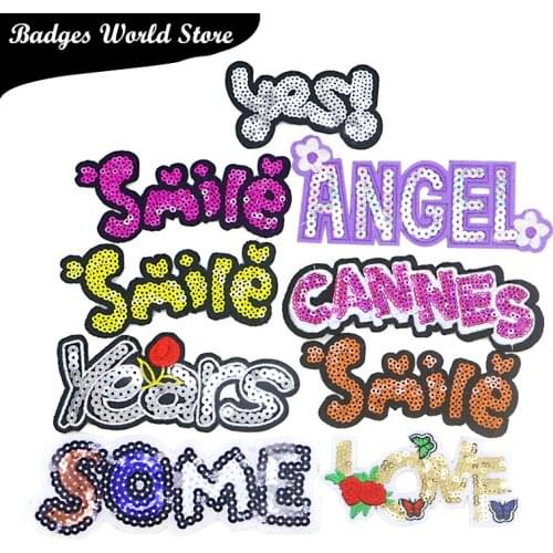 Shiny Words Smile Yes Love Angel Sequins Letter Icon Embroidery Applique Patches For Clothing DIY Sew up Badges on the Backpack