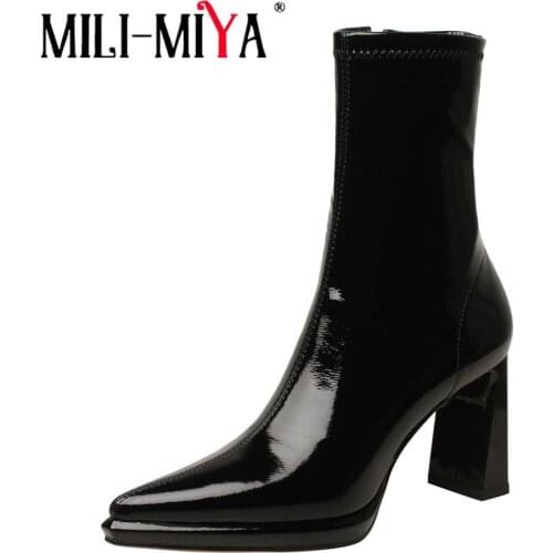 MILI-MIYA Stretch Patent Leather Women Ankle Boots Chunky Heels Waterproof Sexy Pointed Toe Fashion Zipper Party Dancing Shoes