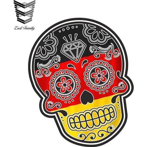EARLFAMILY 13cm X 10.7cm Mexican Day of The Dead Sugar Skull Motif with Germany German Flag External Vinyl Car Stickers