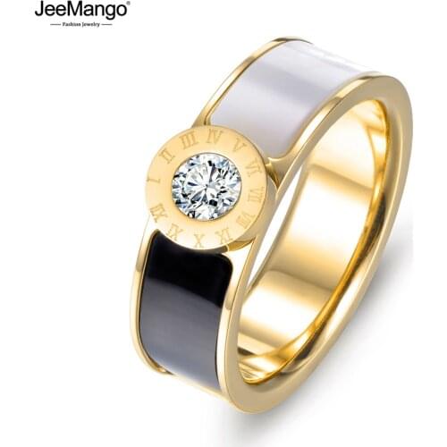 JeeMango Fashion Stainless Steel Fine Jewelry Cubic Zirconia Shell Roman Alphabet Bridal Wedding Rings For Women Jewelry JR17033