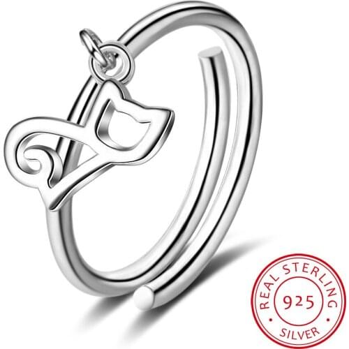 100% 925 Solid Real Sterling Silver Fine Wedding Party Jewelry Cat Opening Ring Sizable 5 6 7 For Teen Girl Kid Xmas Gift