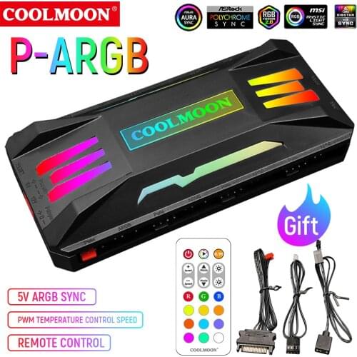 COOLMOON RGB Controller 4Pin PWM 5V 3Pin ARGB Cooling Fan Smart Remote Control Fan Hub For Computer PC Case Chassis Radiator