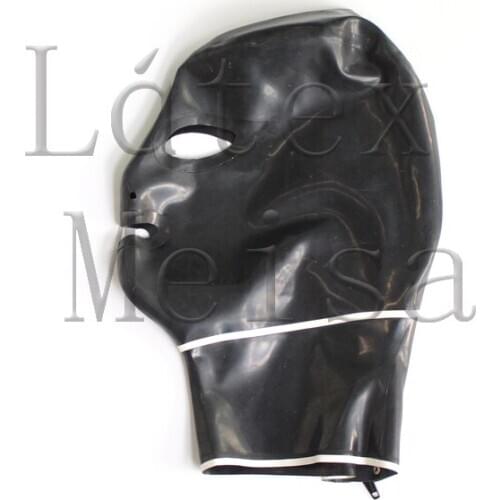 Latex catsuit mask attached neck main in black and white trim color with back zip