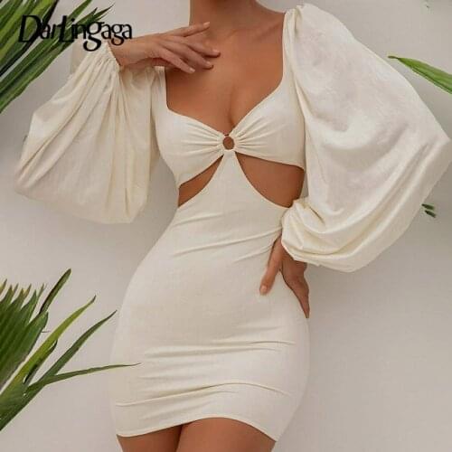 Darlingaga Fashion Elegant V Neck Party White Dress Female Bodycon Puff Sleeve Sexy Dress Night Club Cut Out Summer Dresses Slim