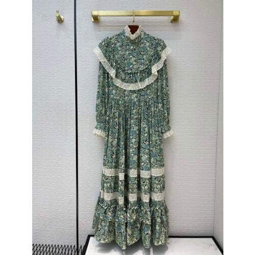 Fashion 2021 New Ladies Long Sleeve Stand Collar Floral Bird Printed Crepe Dress 1231