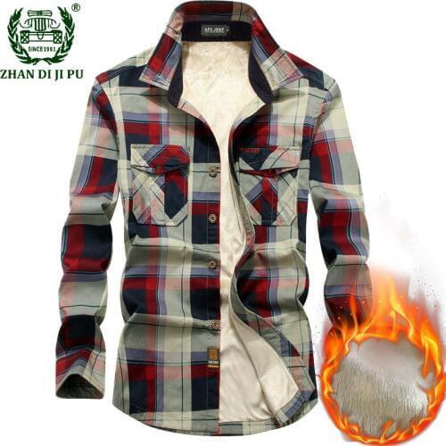 Brand Winter Plaid Shirt Men Casual Fashion Warm Thick Fleece Dress Shirts Male Long Sleeve Thickening Social Clothing Plus Size