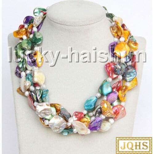 Natural 18" 5row Baroque white pearls Multicolor seashell necklace magnet clasp c41