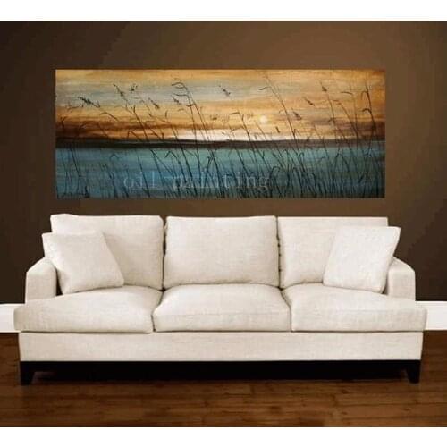 Handmade Landscape Picture Sunset Seascape Wall Decor Calligraphy Hand Painted Abstract Blue Sea Plant Oil Painting on Canvas