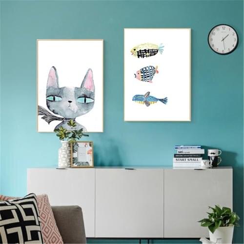 Simple Painting Cat And Fish Picture Kitchen Decoration Poster Modern Nordic Home Art Wall Decoration Canvas Frameless Print