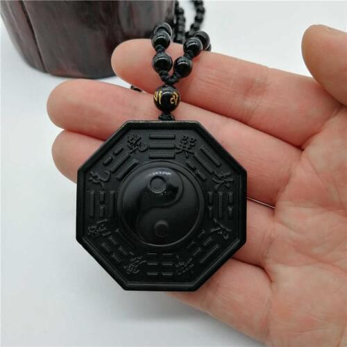 Drop Shipping Natural Black Obsidian Hand Carved Chinese Taiji BaGua Lucky Energy Necklace Pendant Fashion Jewelry