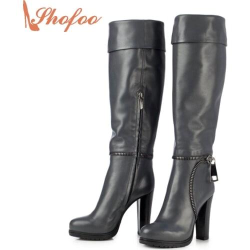 2021 Autumn Winter Women Long Boots Navy Blue Boots High Heels Round Toe Zipper Dress Casual Black Botas Large Size 4-16 Shofoo