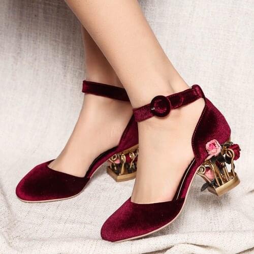 Spring Ladies Pumps Women Dress Shoes High Heel Summer Sandals For Girls Chunky Heels Mary Janes Shoes Wine/Black/Pink Size33-43