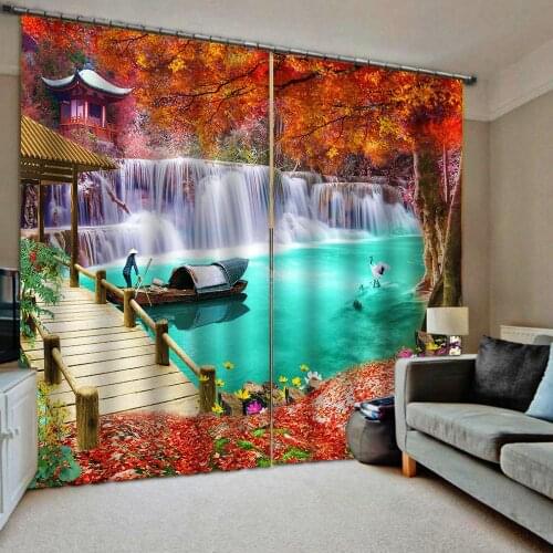 High quality custom 3d curtain fabric Autumn landscape curtains blue waterfall red landscape curtain