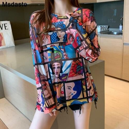 T Shirt Tops Women Loose Tops Tees Mesh Long T-shirts Cartoon Long Sleeve Loose Oversized Pullover Summer Cover Woman Tee Shirts