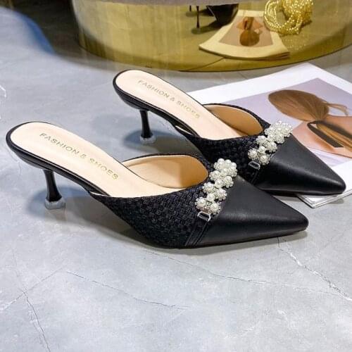 Baotou Half Slippers Ladies 2021 Fashion All-match Beaded Pointed High Heels Stiletto Slippers Sandals Women Womans Shoes