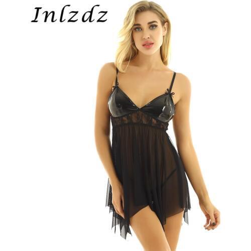 Womens Erotic Lingerie Dress Sheer Mesh Babydoll Nightdress V Neck Dress Chemise Babydoll Nightdress with G-string Thong Briefs