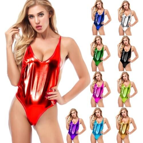 Women Sexy Backless Sleeveless Deep V Neck Patent Leather One-piece Bodysuit