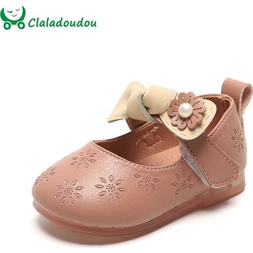 11.5-15cm Brand Baby Flowers Pu Leather Shoes Pink Beige Bowtie-knot Princess Girls Dress Shoes For Party Wedding 0-3Years Flats