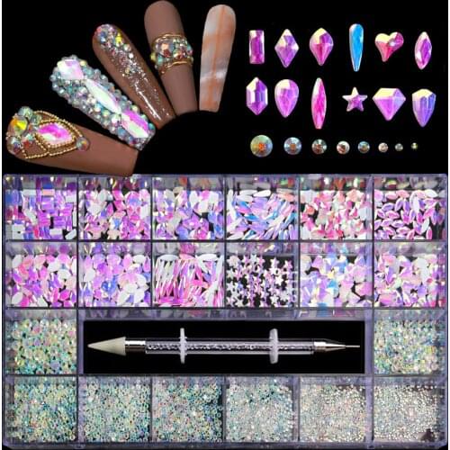 21 Grids Opal Nail Art Rhinestone Decoration Mocha Glitter Irregular Bead 3D Non HotFix FlatBack Studs Gem Nail Dotting Pen Kits