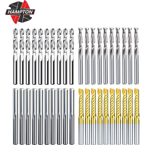 40pcs Milling Cutter Set 3.175mm Shank Titanium Coated Spiral Router Bits Straight Cutting Mills CNC Flat Ball Nose End Mills